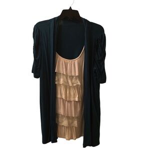 AB Studio Peacock Blue and White Ruffle 3/4 Sleeve Blouse L